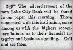 May 16, 1872 article about Lake City Bank