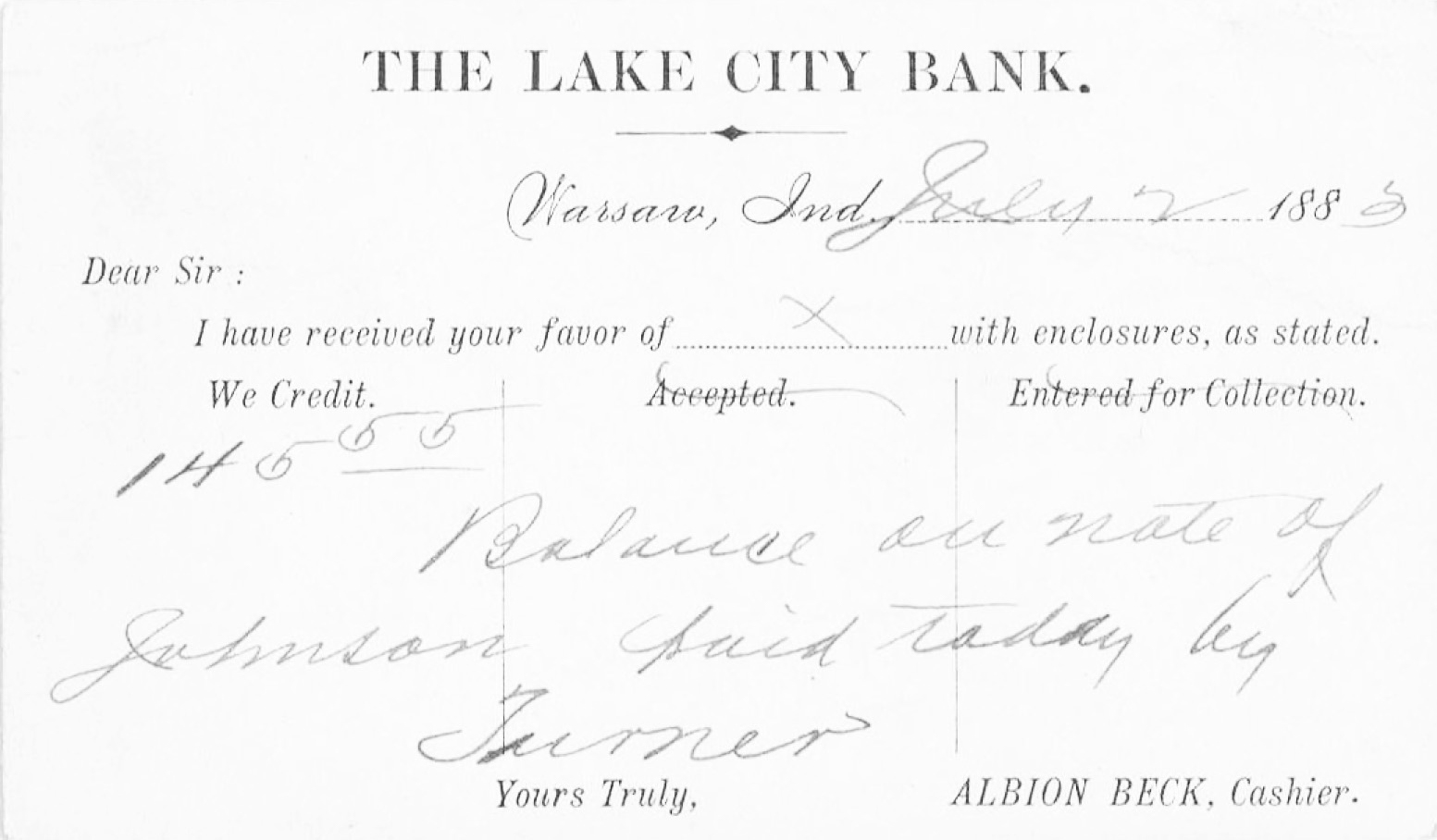 Lake City Bank postcard from 1880s
