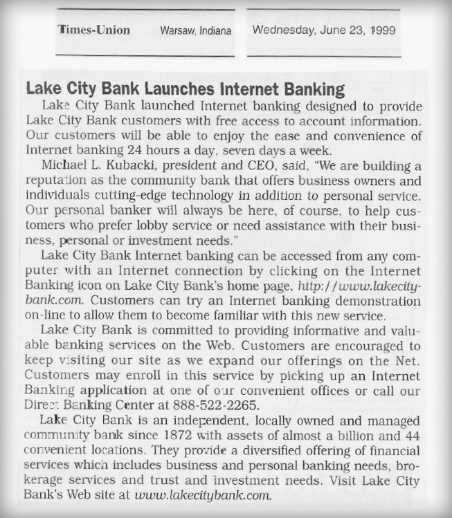 Lake City Bank launches online banking article