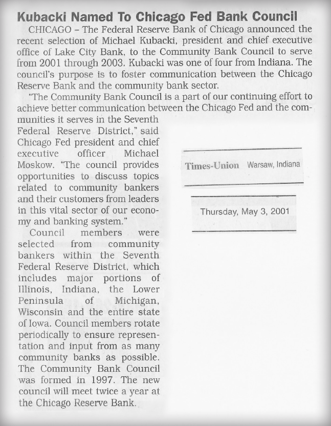 Article about Mike Kubacki being named to the Fed
