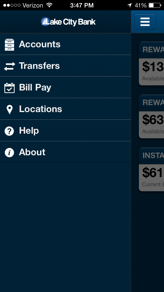 Mobile banking menu screen